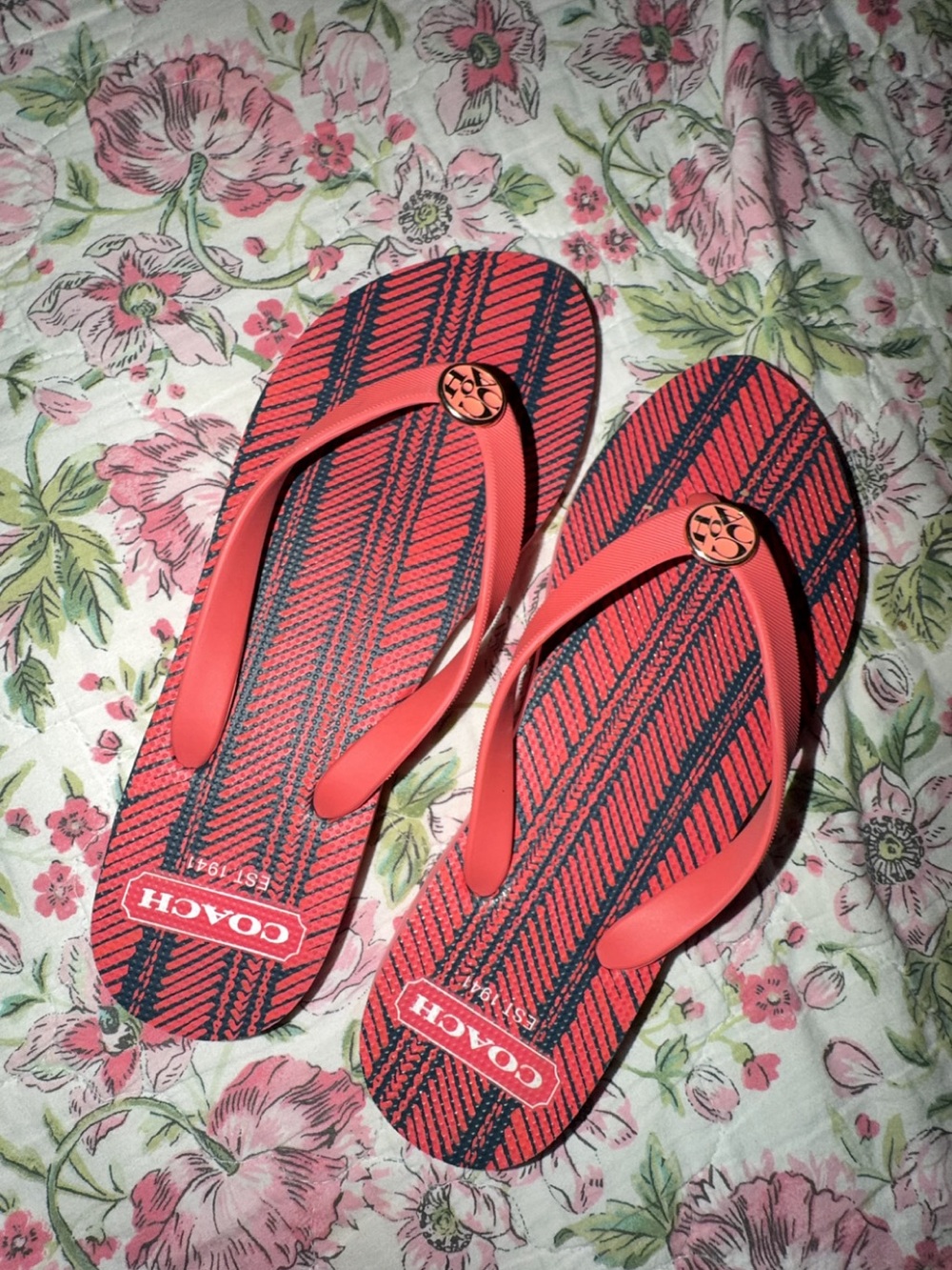 Coach Coral and Navy Striped Women's Flip Flops